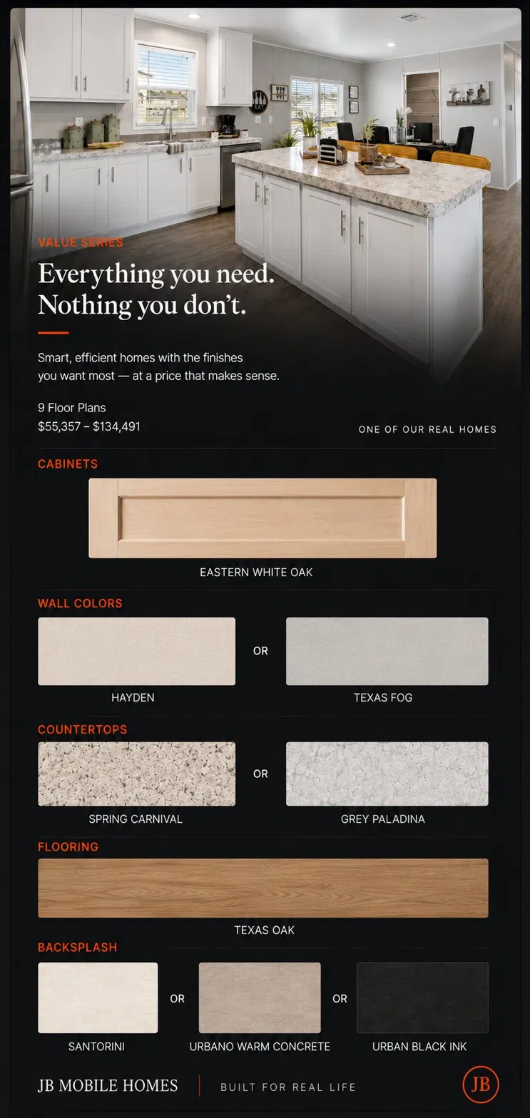 Value Series finishes — Eastern White Oak cabinets, neutral wall and countertop options, oak flooring