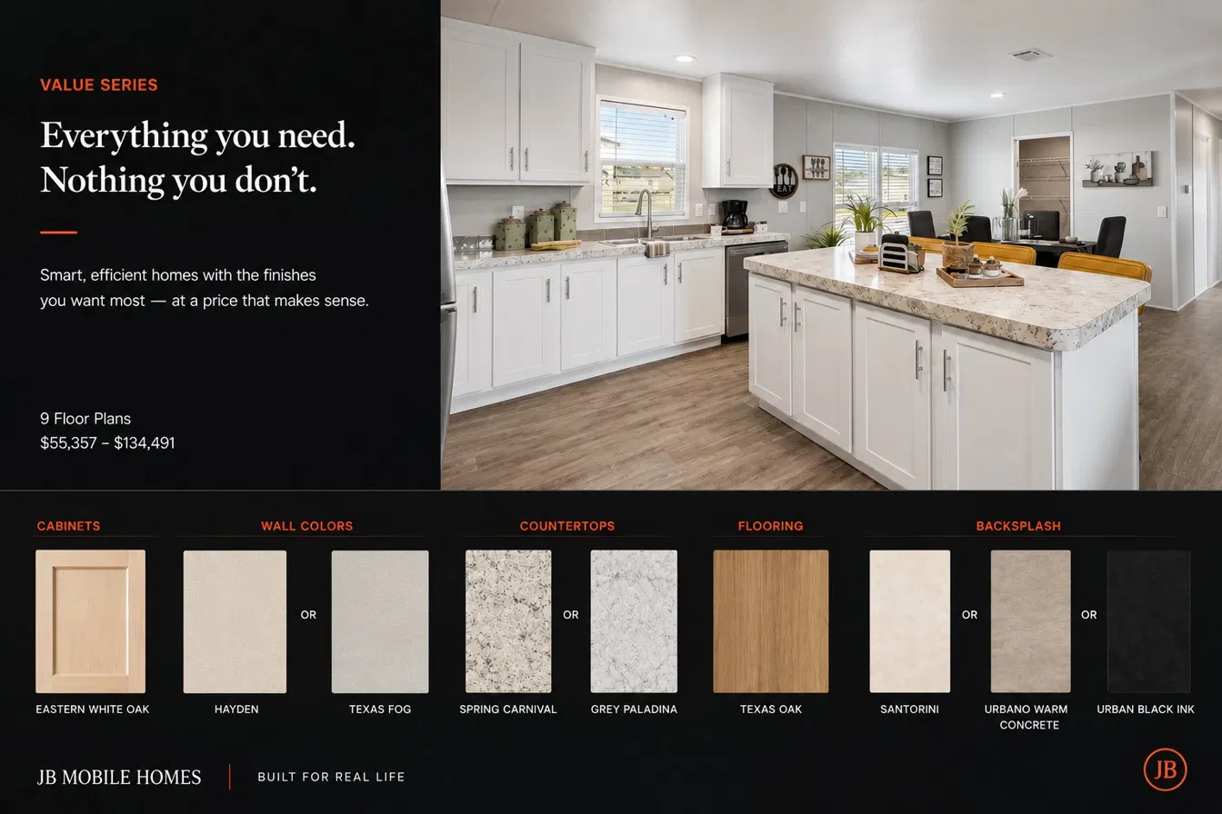 Value Series finishes — Eastern White Oak cabinets, neutral wall and countertop options, oak flooring